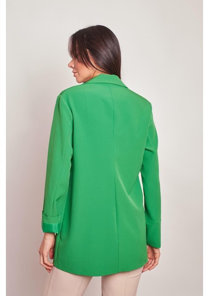Yakalı Kolu Katlamalı Cep Kapaklı Salaş Boyfriend Oversize Hafif Likralı Kumaş Blazer Ceket-Yeşil fırsatları