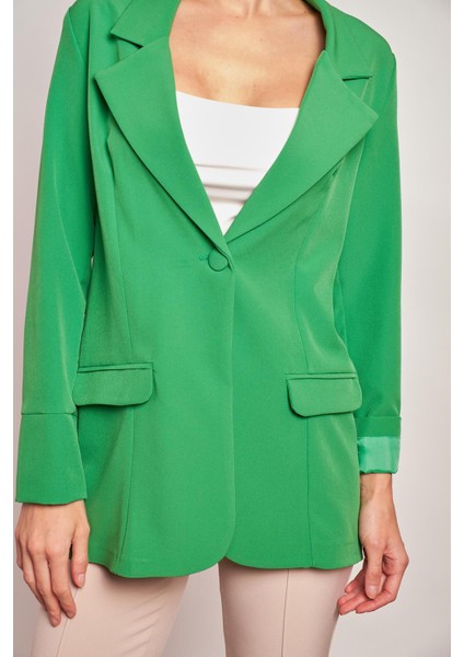 Yakalı Kolu Katlamalı Cep Kapaklı Salaş Boyfriend Oversize Hafif Likralı Kumaş Blazer Ceket-Yeşil indirimleri