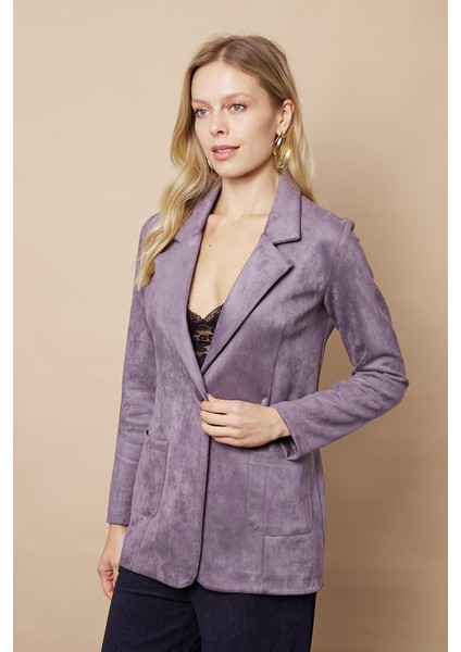 Kadın Hafif Likralı Süet Kumaş Cep Detaylı Düğmeli Şık Blazer Hafif Uzun Ceket-Gri modelleri