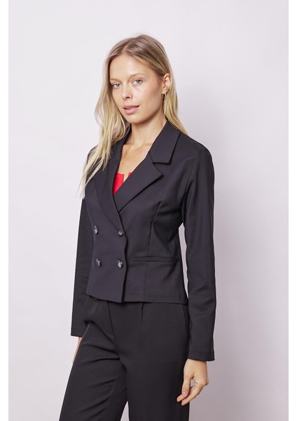 Kadın Yakalı Flato Cepli Uzun Kol Kruvaze Anvelop Hafif Likralı Kumaş Blazer Ceket-Siyah modelleri