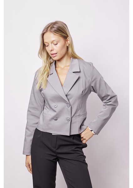 Kadın Yakalı Flato Cepli Uzun Kol Kruvaze Anvelop Hafif Likralı Kumaş Blazer Ceket-Gri indirimleri