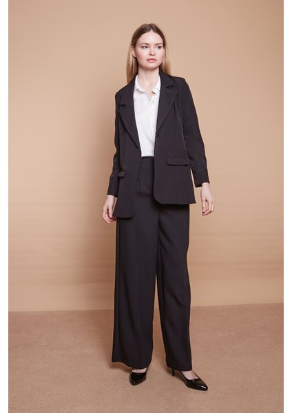 Yakalı Kolu Katlamalı Cep Kapaklı Salaş Boyfriend Oversize Hafif Likralı Kumaş Blazer Ceket-Siyah modelleri