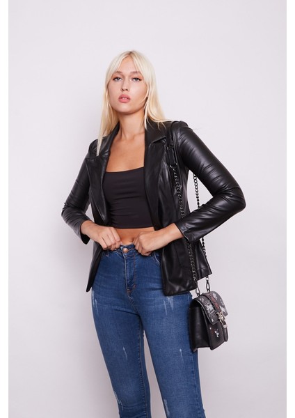 Ekolojik Suni Deri Yakalı Uzun Kol Cepli Blazer Ceket-Siyah fırsatları