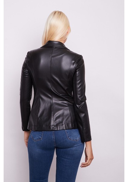 Ekolojik Suni Deri Yakalı Uzun Kol Cepli Blazer Ceket-Siyah indirimleri