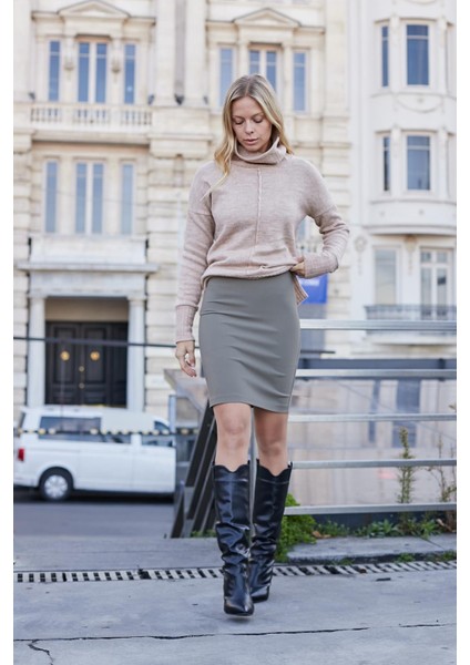 Yüksek Bel Diz Üstü Likralı Pamuklu Şık Kumaş Kalem Etek-Haki