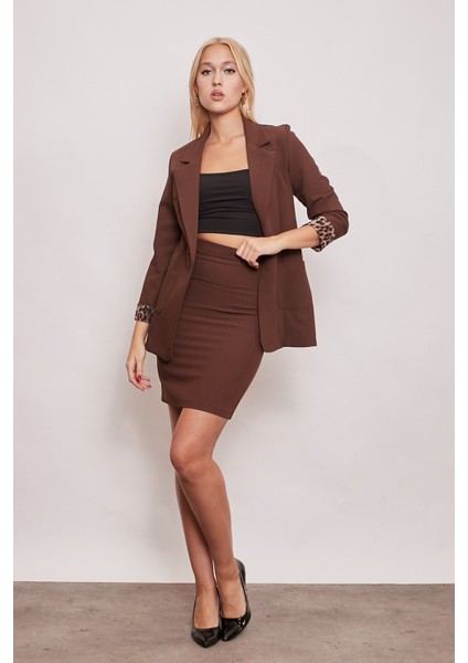 Yüksek Bel Diz Üstü Şık Kumaş Kalem Etek-Kahve