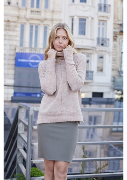 Yüksek Bel Diz Üstü Likralı Pamuklu Şık Kumaş Kalem Etek-Haki modelleri