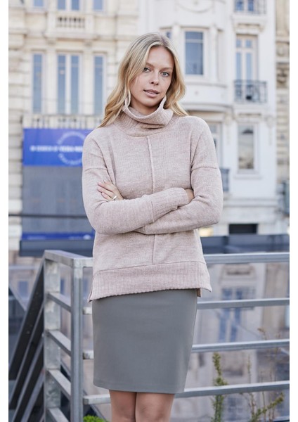 Yüksek Bel Diz Üstü Likralı Pamuklu Şık Kumaş Kalem Etek-Haki fırsatları