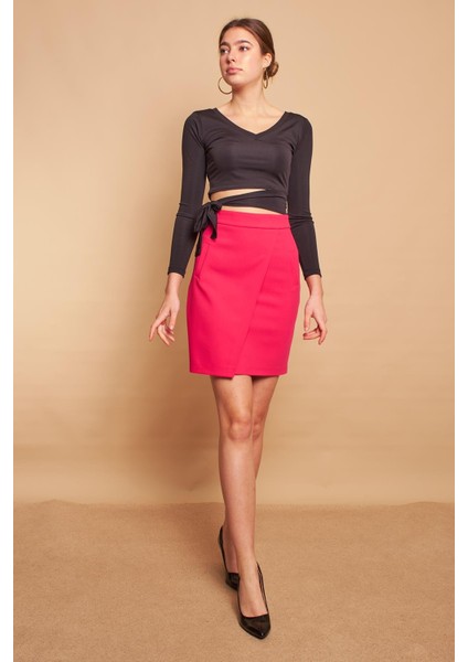 Yüksek Bel Anvelop Kruvaze Pamuklu Likralı Kumaş Kalem Ofis Etek -Fujya