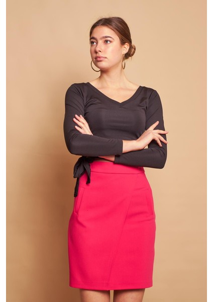 Yüksek Bel Anvelop Kruvaze Pamuklu Likralı Kumaş Kalem Ofis Etek -Fujya