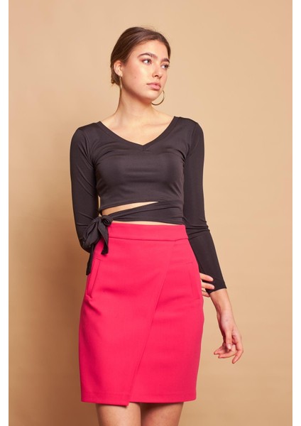 Yüksek Bel Anvelop Kruvaze Pamuklu Likralı Kumaş Kalem Ofis Etek -Fujya