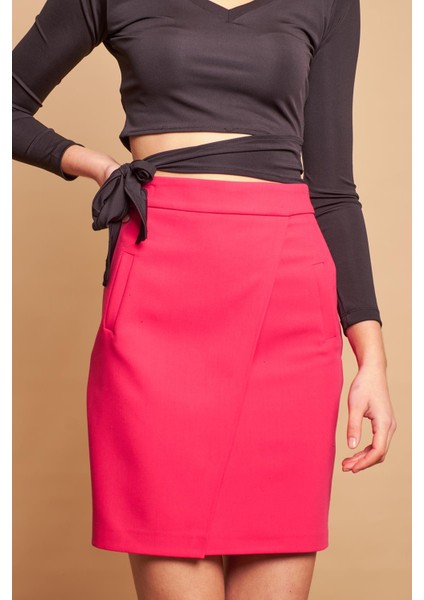 Yüksek Bel Anvelop Kruvaze Pamuklu Likralı Kumaş Kalem Ofis Etek -Fujya