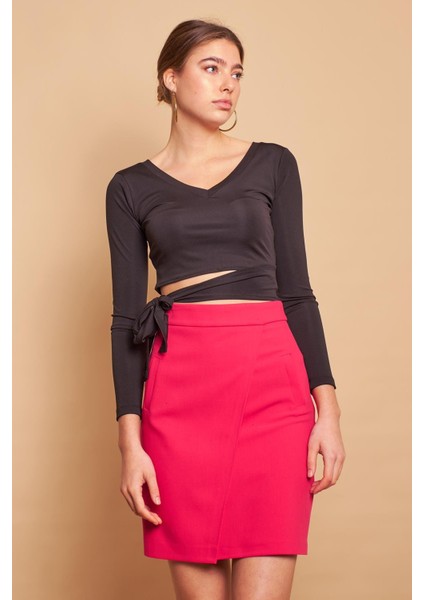 Yüksek Bel Anvelop Kruvaze Pamuklu Likralı Kumaş Kalem Ofis Etek -Fujya