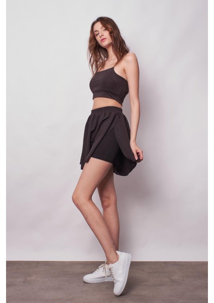 Kadın Bol Kesim Yüksek Bel Beli Lastikli Taytlı Spor Şort Etek-Siyah modelleri