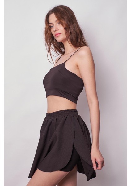 Kadın Bol Kesim Yüksek Bel Beli Lastikli Taytlı Spor Şort Etek-Siyah indirimleri
