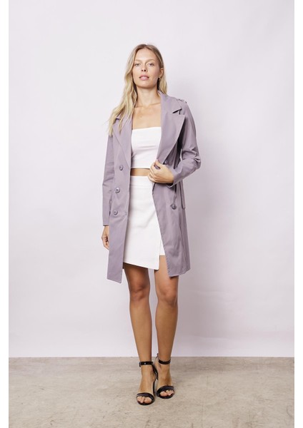 Kadın Cepli Kruvaze Anvelop Kemerli Hafif Likralı Kumaş Uzun Trençkot Ceket-Gri modelleri