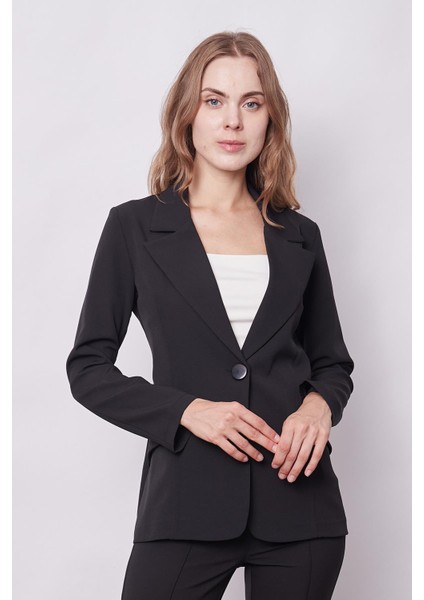 Kadın Yakalı Cep Kapaklı Tek Düğme Hafif Lirkalı Kumaş Blazer Ofis Ceket(Pantolon Kodu Jument 40082)-SIYAH modelleri