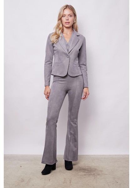 Kadın Kadife Likralı Yumuşak Dokulu Flato Cepli Uzun Kol Düğmeli Blazer Mono Ceket-Gri