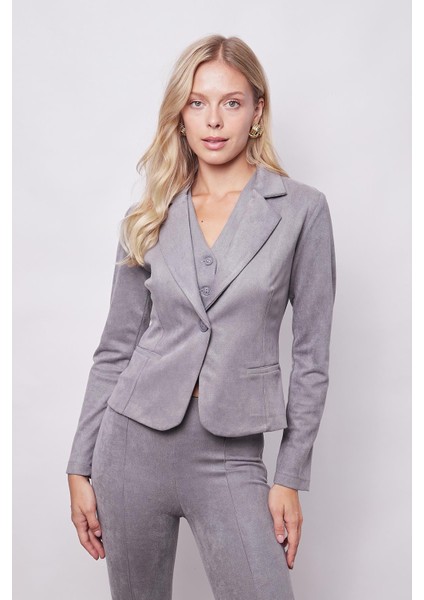 Kadın Kadife Likralı Yumuşak Dokulu Flato Cepli Uzun Kol Düğmeli Blazer Mono Ceket-Gri fiyatları