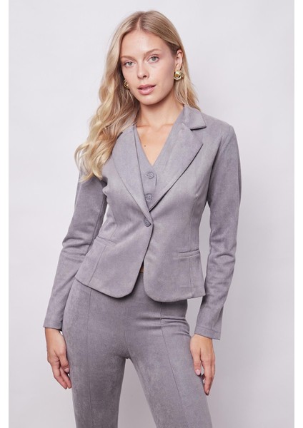 Kadın Kadife Likralı Yumuşak Dokulu Flato Cepli Uzun Kol Düğmeli Blazer Mono Ceket-Gri modelleri