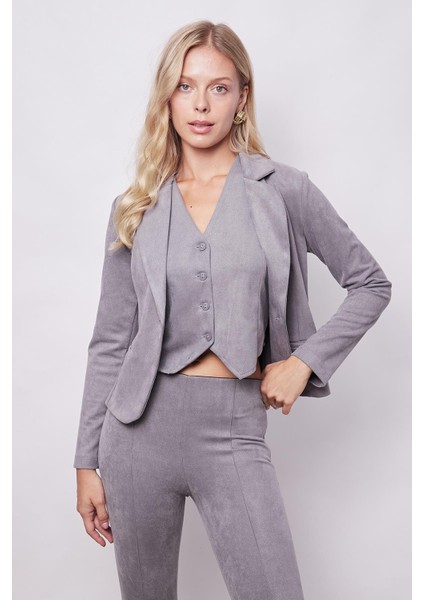 Kadın Kadife Likralı Yumuşak Dokulu Flato Cepli Uzun Kol Düğmeli Blazer Mono Ceket-Gri fırsatları