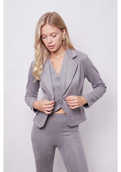 Kadın Kadife Likralı Yumuşak Dokulu Flato Cepli Uzun Kol Düğmeli Blazer Mono Ceket-Gri indirimleri