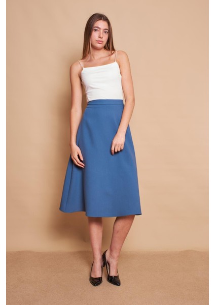 Kadın Yüksek Bel Diz Altı Hafif Likralı Kumaş Çan Etek-Dirty Blue