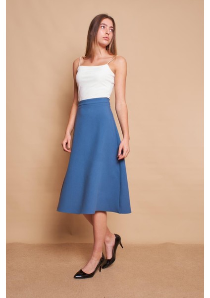 Kadın Yüksek Bel Diz Altı Hafif Likralı Kumaş Çan Etek-Dirty Blue fiyatları