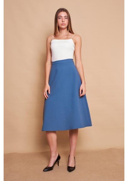 Kadın Yüksek Bel Diz Altı Hafif Likralı Kumaş Çan Etek-Dirty Blue modelleri