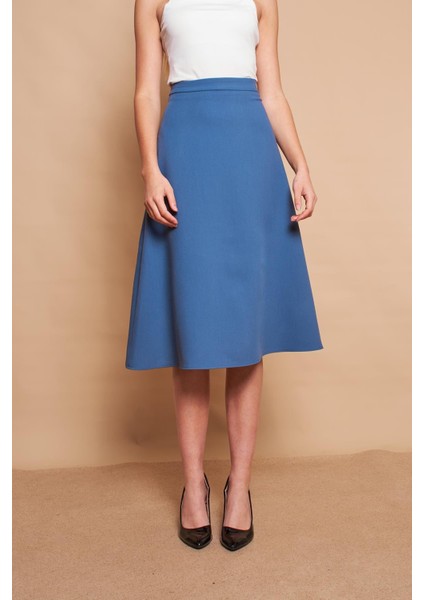 Kadın Yüksek Bel Diz Altı Hafif Likralı Kumaş Çan Etek-Dirty Blue indirimleri