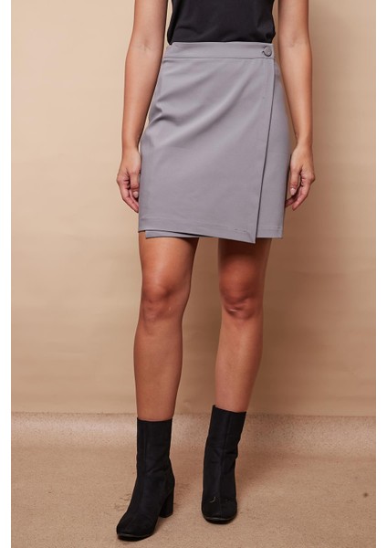 Kadın Yüksek Bel Kruvaze Model Hafif Likralı Şık Kumaş Ofis Kalem Etek-Gri