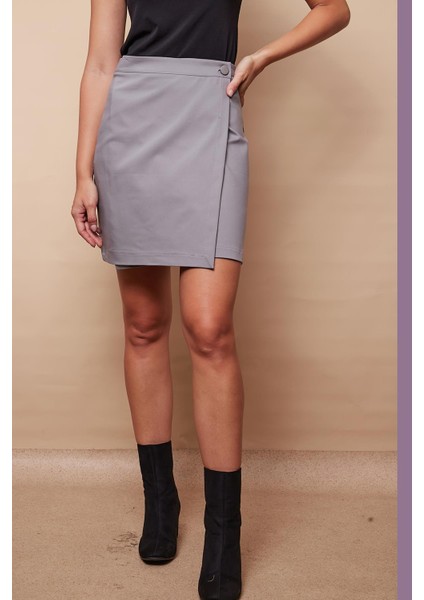 Kadın Yüksek Bel Kruvaze Model Hafif Likralı Şık Kumaş Ofis Kalem Etek-Gri