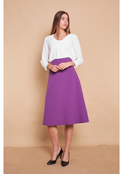 Kadın Yüksek Bel Diz Altı Hafif Likralı Kumaş Çan Etek-Eflatun