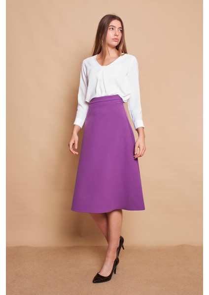 Kadın Yüksek Bel Diz Altı Hafif Likralı Kumaş Çan Etek-Eflatun fiyatları