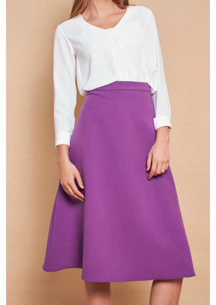 Kadın Yüksek Bel Diz Altı Hafif Likralı Kumaş Çan Etek-Eflatun modelleri