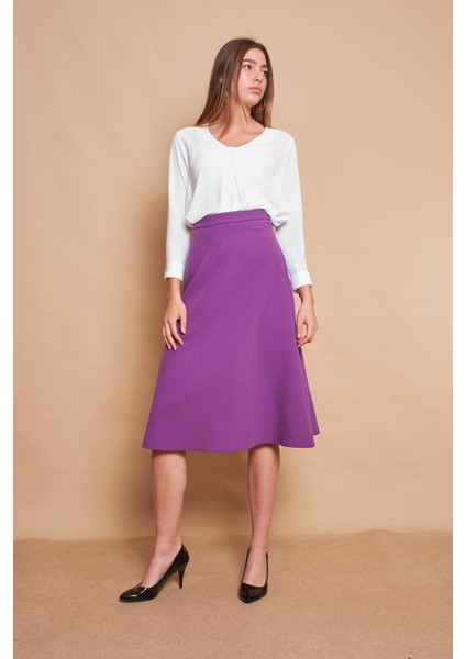 Kadın Yüksek Bel Diz Altı Hafif Likralı Kumaş Çan Etek-Eflatun fırsatları