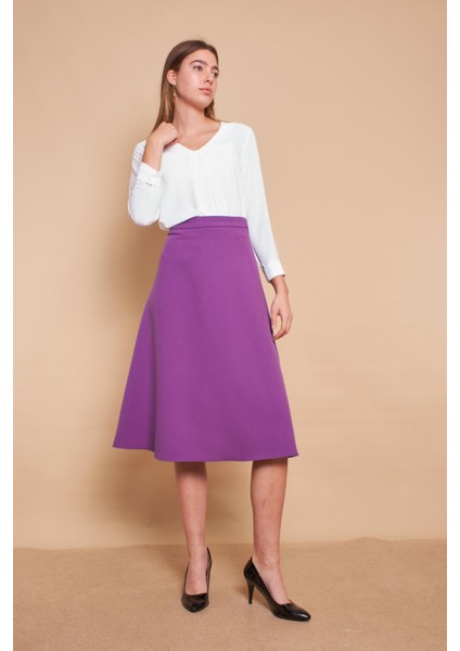 Kadın Yüksek Bel Diz Altı Hafif Likralı Kumaş Çan Etek-Eflatun indirimleri