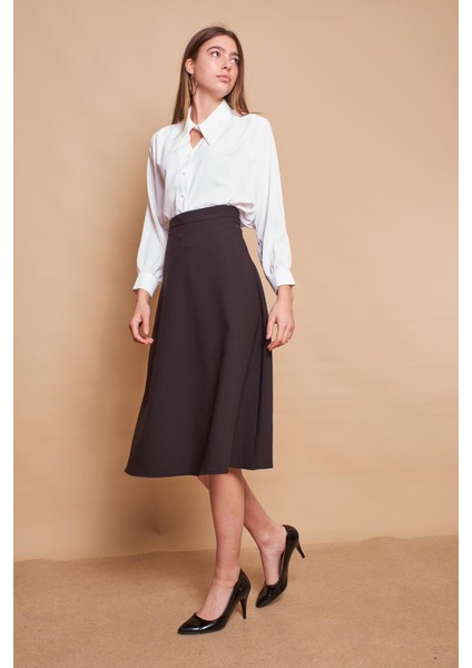 Kadın Yüksek Bel Diz Altı Hafif Likralı Kumaş Çan Etek-Siyah indirimleri