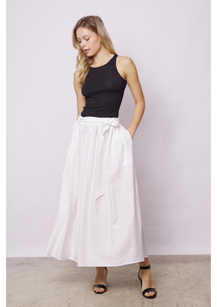 Kadın Belden Bağlamalı Keten Görünümlü Likrasız Kumaş Midi Boy Bilek Üstü Kiloş Etek-Krem