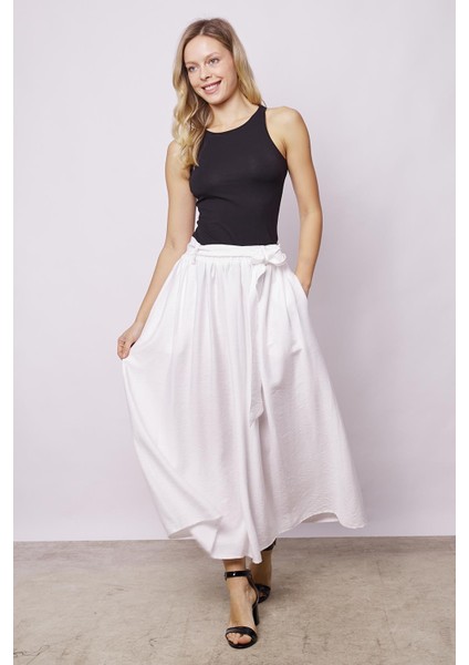 Kadın Belden Bağlamalı Keten Görünümlü Likrasız Kumaş Midi Boy Bilek Üstü Kiloş Etek-Krem fiyatları