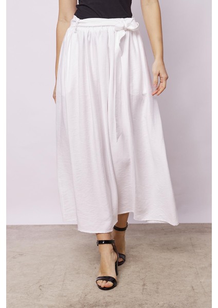 Kadın Belden Bağlamalı Keten Görünümlü Likrasız Kumaş Midi Boy Bilek Üstü Kiloş Etek-Krem modelleri