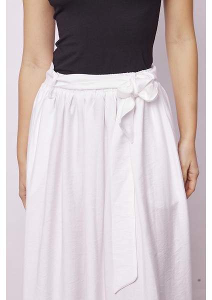Kadın Belden Bağlamalı Keten Görünümlü Likrasız Kumaş Midi Boy Bilek Üstü Kiloş Etek-Krem indirimleri