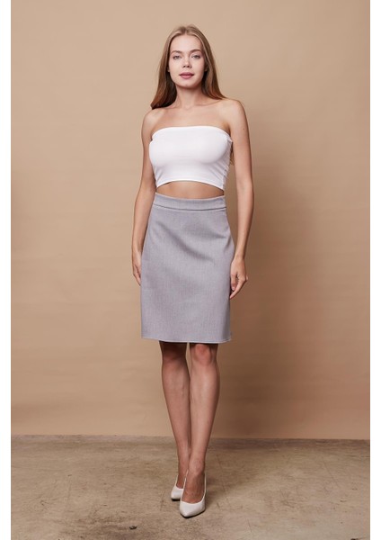 Yüksek Bel Hafif Likralı Kumaş Diz Boy Çan Etek-Gri Melanj