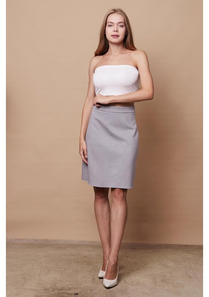Yüksek Bel Hafif Likralı Kumaş Diz Boy Çan Etek-Gri Melanj fiyatları
