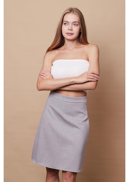 Yüksek Bel Hafif Likralı Kumaş Diz Boy Çan Etek-Gri Melanj modelleri