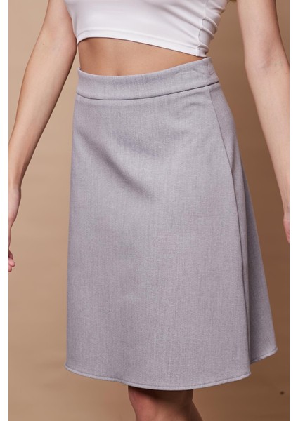 Yüksek Bel Hafif Likralı Kumaş Diz Boy Çan Etek-Gri Melanj fırsatları