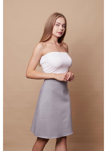 Yüksek Bel Hafif Likralı Kumaş Diz Boy Çan Etek-Gri Melanj indirimleri