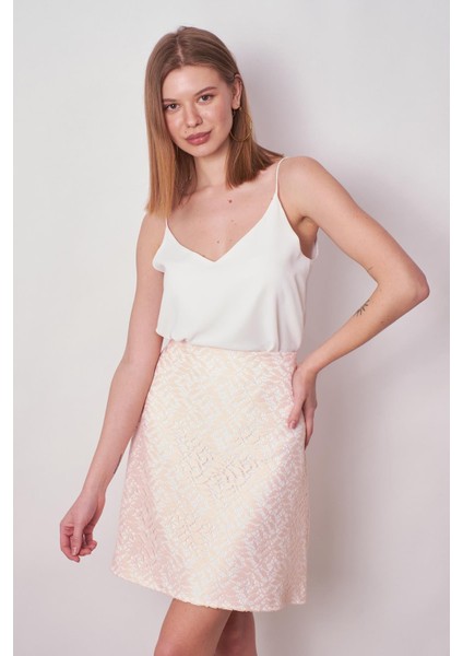 Kadın Dantel Detaylı Yüksek Bel Hafif Esnek Dokuma Kumaş Çan ETEK(BOY:49CM +-2cm)-Pudra