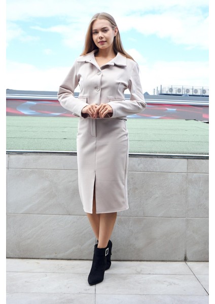 Kadın Likralı Kaşe Kumaş Yüksek Bel Alman Cepli Önden Yırtmaçlı Kalem Etek-Şampanya