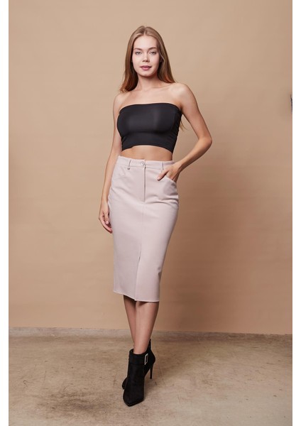 Kadın Likralı Kaşe Kumaş Yüksek Bel Alman Cepli Önden Yırtmaçlı Kalem Etek-Şampanya modelleri